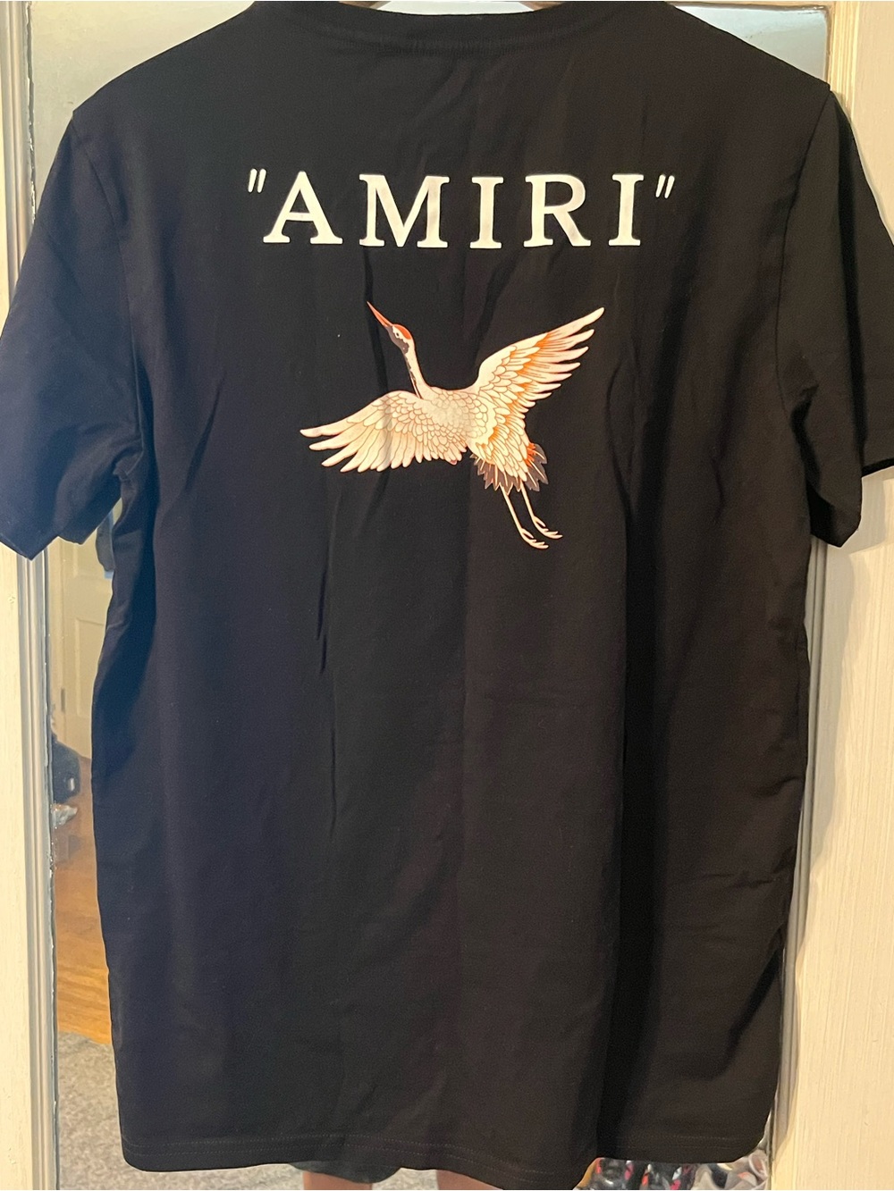 AMIRI Black Tee with Cream & Peach Crane Print - Picture 4 of 4